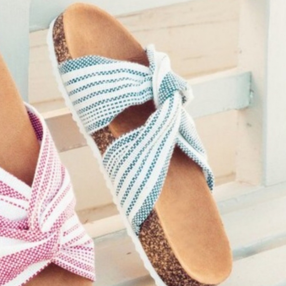 Qupid navy and white striped fabric Luka slides size 5 1/2